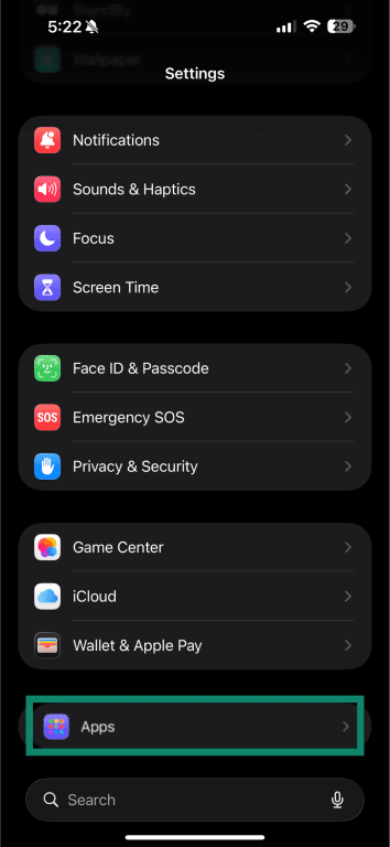 iOS Settings menu with Apps section highlighted at the bottom..