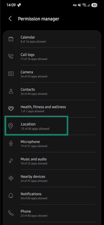 Permission Manager showing list of permissions like Location.