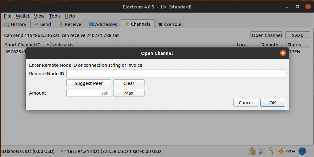 Screenshot of Electrum 4.0.5 showing the Open Channel dialogue
