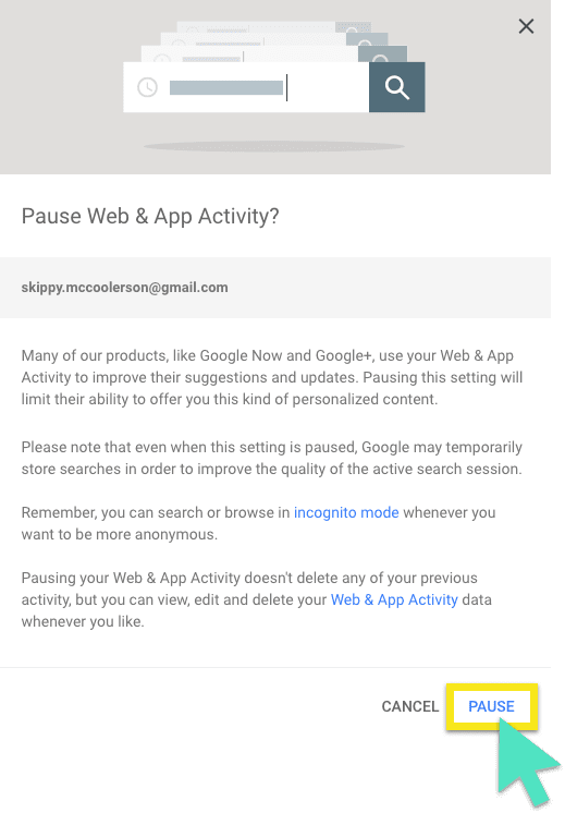 Schermata "Sospendi attività Web e app?" di Google, con il pulsante "Sospendi" evidenziato.