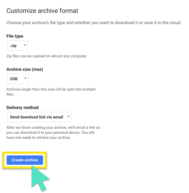 Schermata "Personalizza formato archivio" di Google, con il pulsante evidenziato "Crea esportazione" .