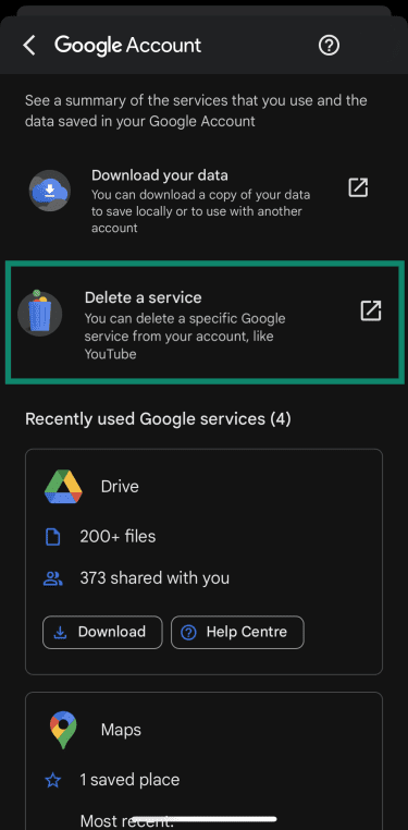 "Delete a service" showing in iOS when deleting your Gmail account.