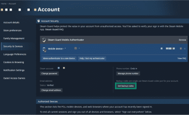 Access your account settings, select the Security & Devices tab, and click Get backup codes