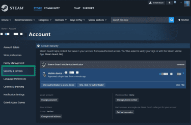 The account settings page on Steam's website. The "Security & Devices" tab is highlighted.