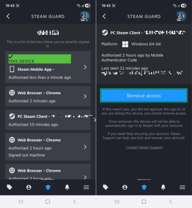Two Android screenshots side by side showing the Steam Mobile app. The first image shows a list of authorized devices. The second image shows a page for an authorized device, and the "Remove access" button is highlighted.