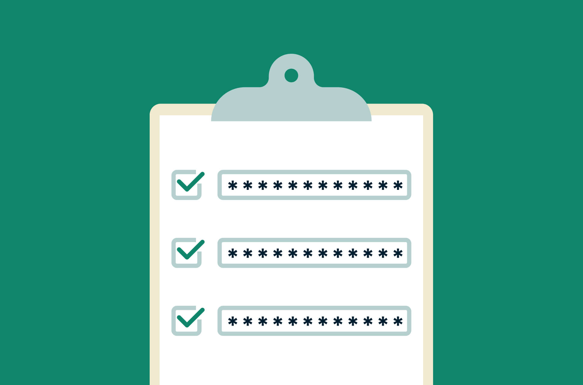 Clipboard with password fields and checkmarks.