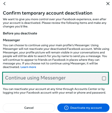 Facebook confirming the deactivation of a Facebook account.