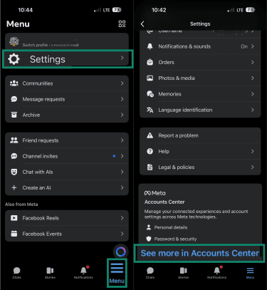 How to navigate to the Accounts Center through Facebook Settings menu.