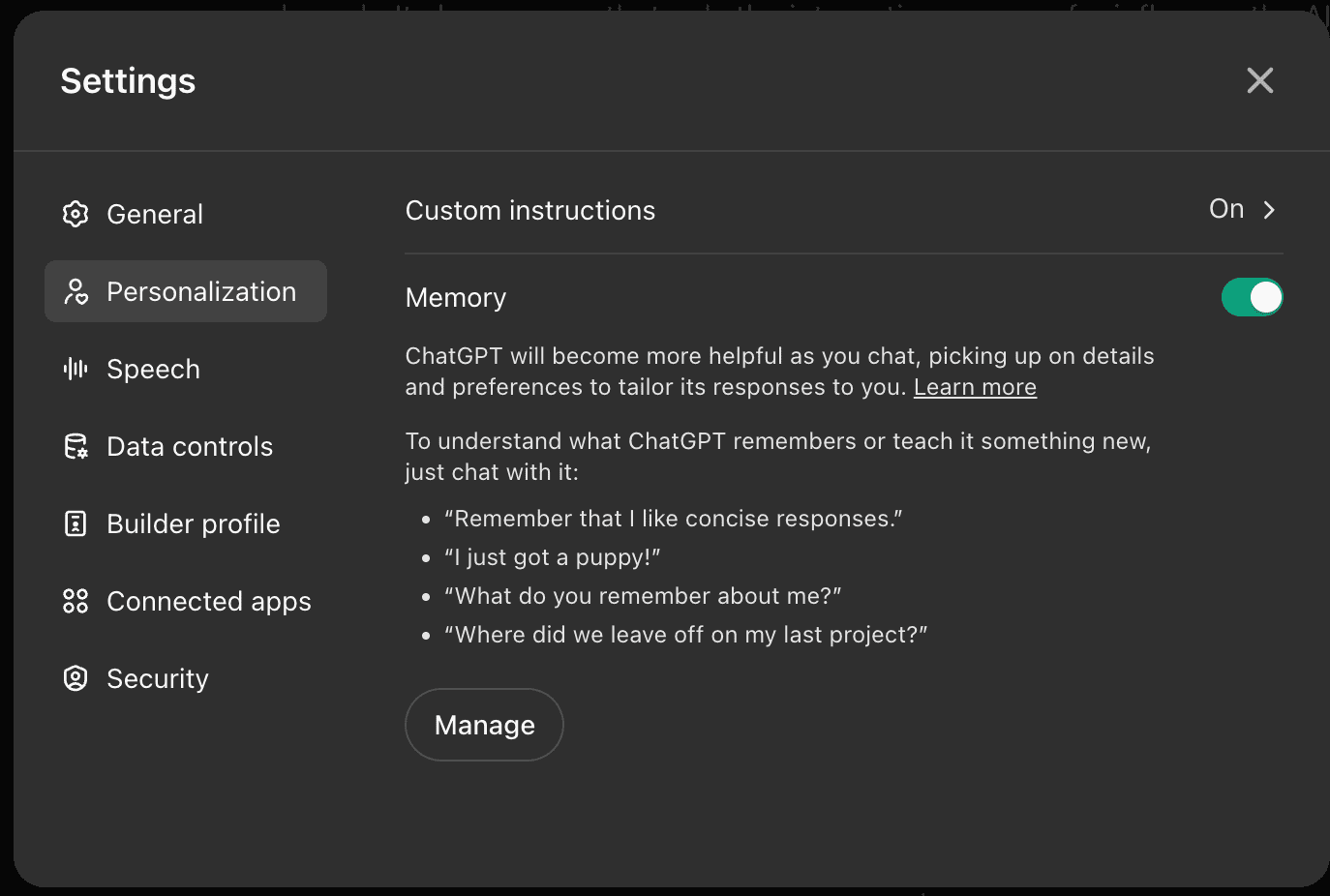 ChatGPT Memory Settings