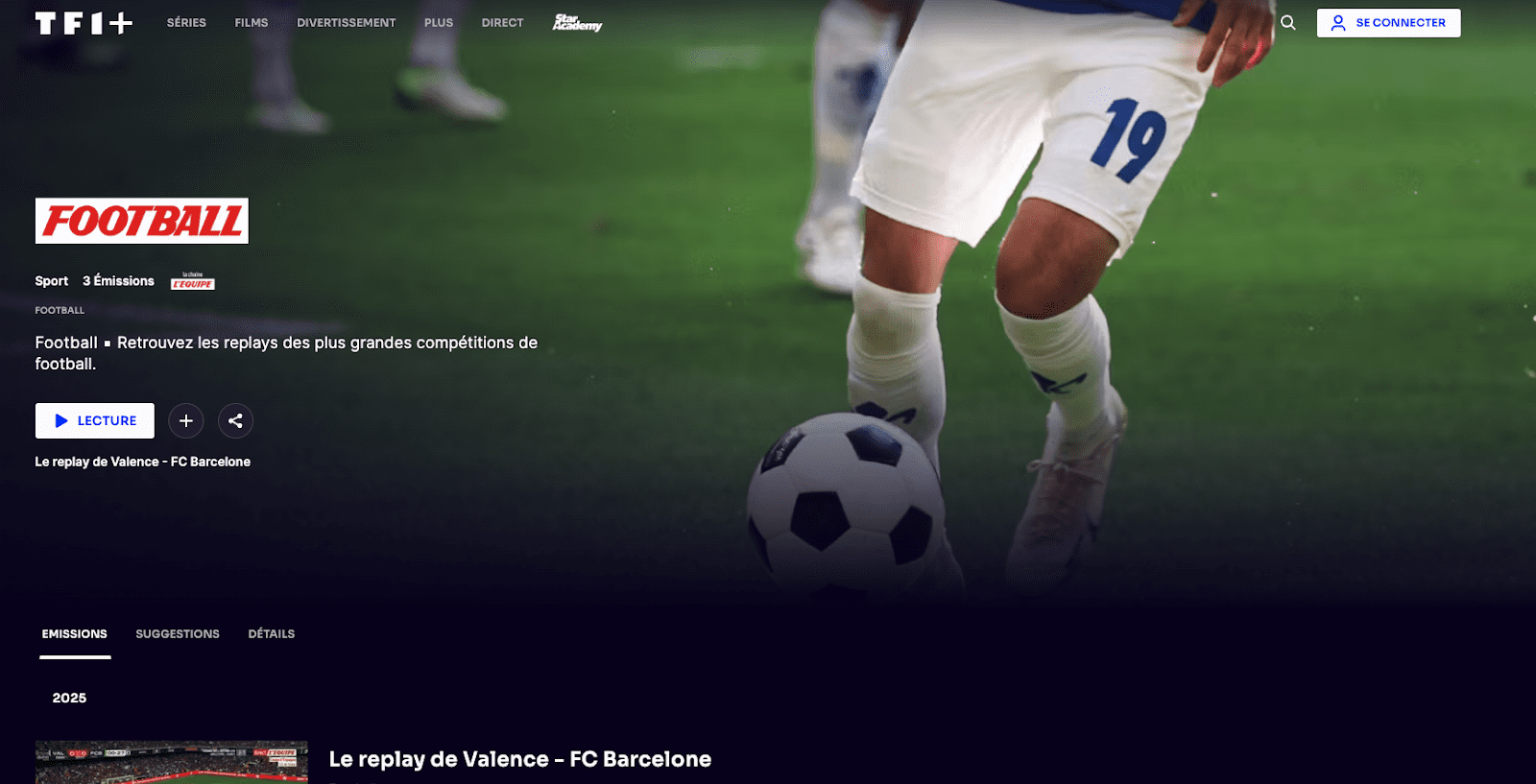 Screenshot of the football section on TF1+