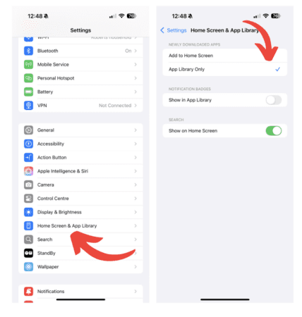 Screenshot of how to automatically send new apps to the App Library