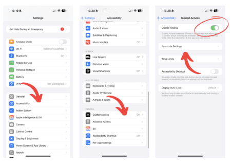 Screenshot of how to enable Guided Access for temporary app locking