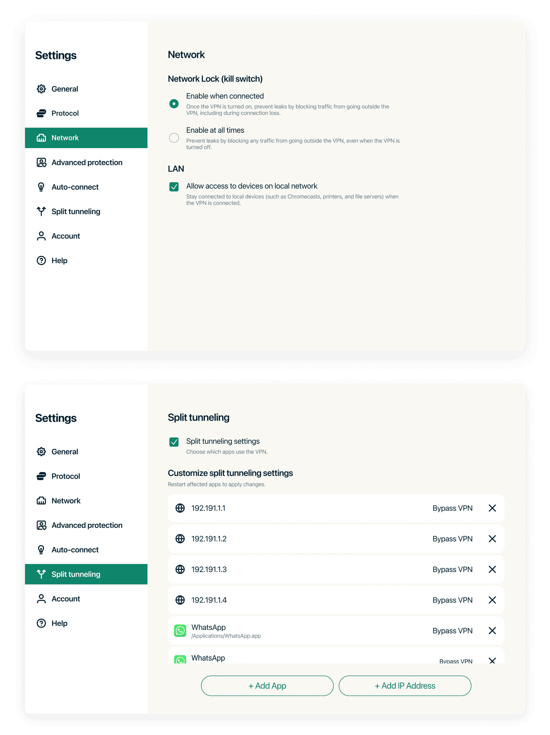 Screenshots of the split tunneling and network lock features on the ExpressVPN Linux GUI app