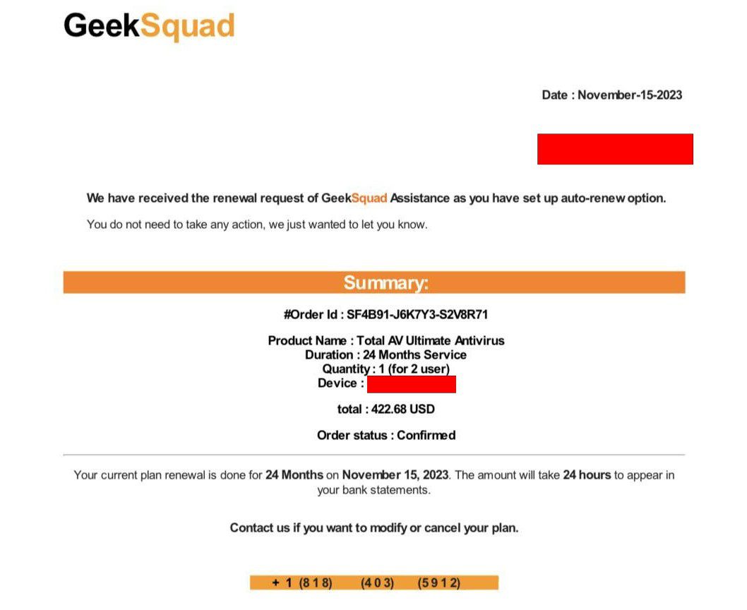 A screenshot of an example of a Geek Squad antivirus subscription scam.