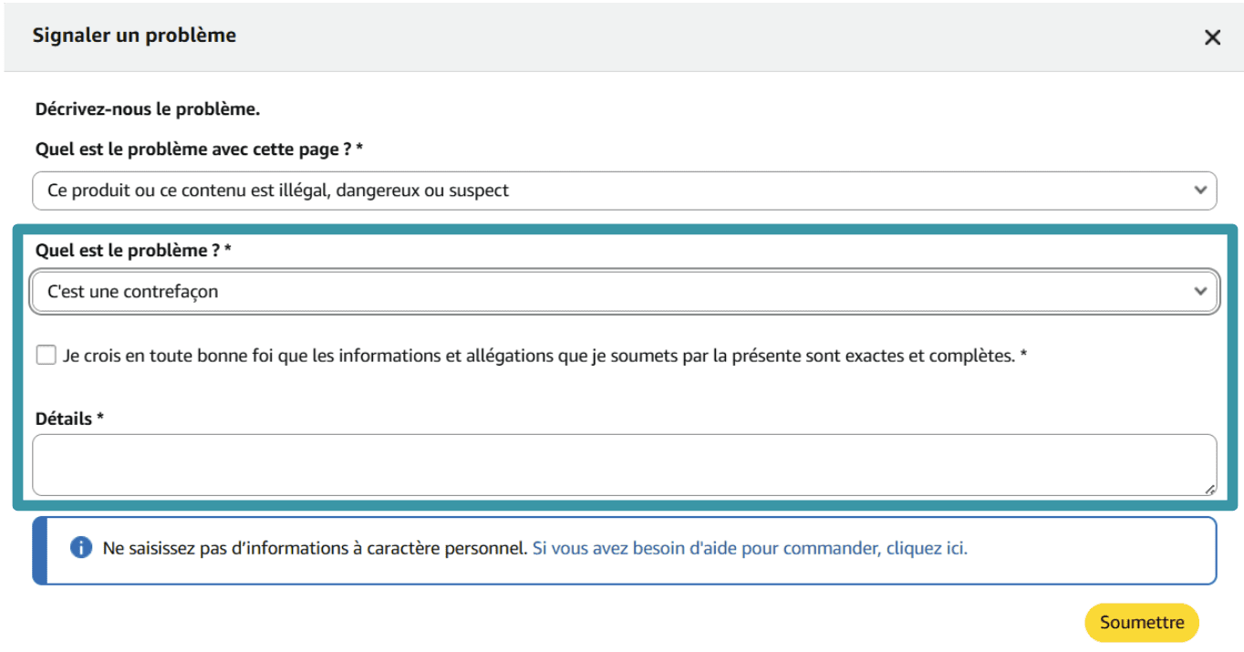 A visual guide detailing the required fields for reporting a website to Amazon.