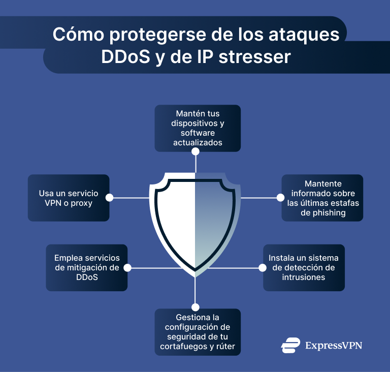 Infographic showing steps to protect yourself from DDoS and IP stresser attacks.