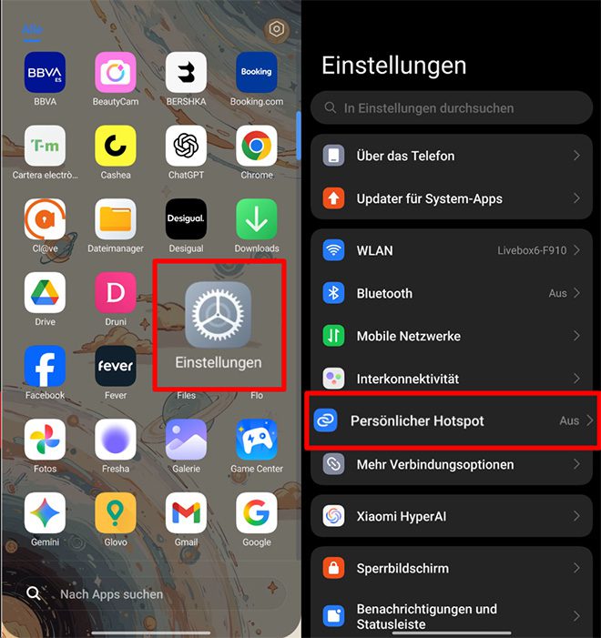 Android home screen highlighting Settings app and Connection and sharing option in the settings menu.