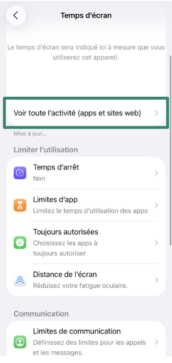 Screen Time menu opened under child’s account on iPhone.