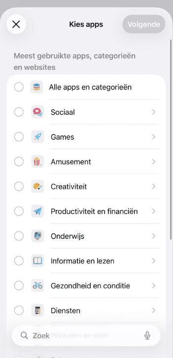 App category selection screen for setting daily limits.