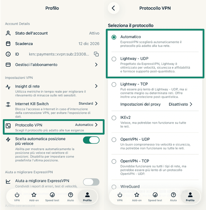 On the left: ExpressVPN profile settings showing account status, VPN protocol, and account actions; on the right: VPN Protocol settings screen with Automatic selected and Lightway protocol options displayed.