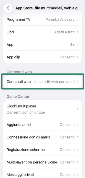 iPhone screen showing Web Content restriction setting.