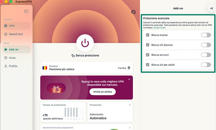 ExpressVPN macOS app with the Advanced Protection options highlighted in the Add-ons section.