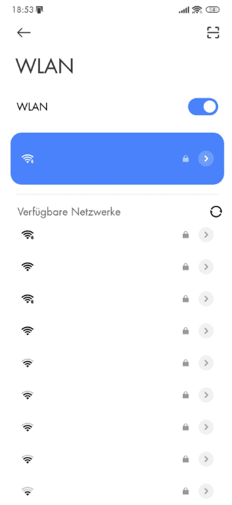 The Wi-Fi screen of the Android Settings menu, showing the list of available networks.