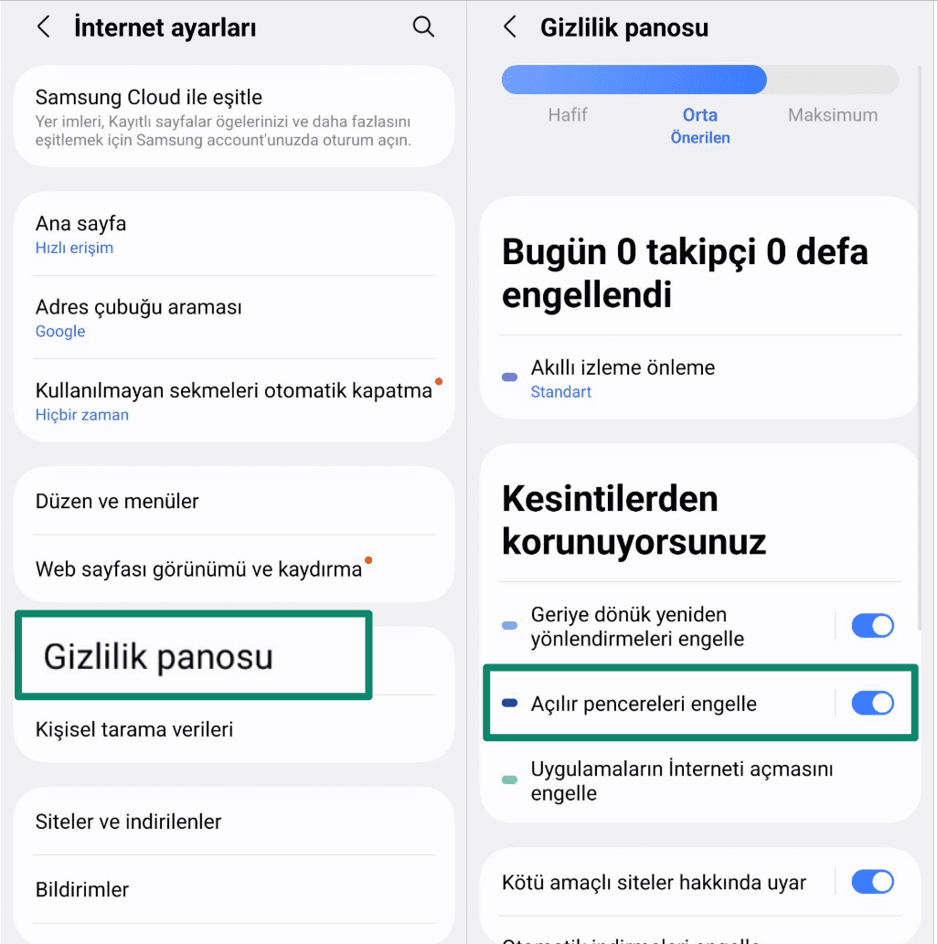 Samsung Internet privacy settings showing "Block pop-ups" enabled.