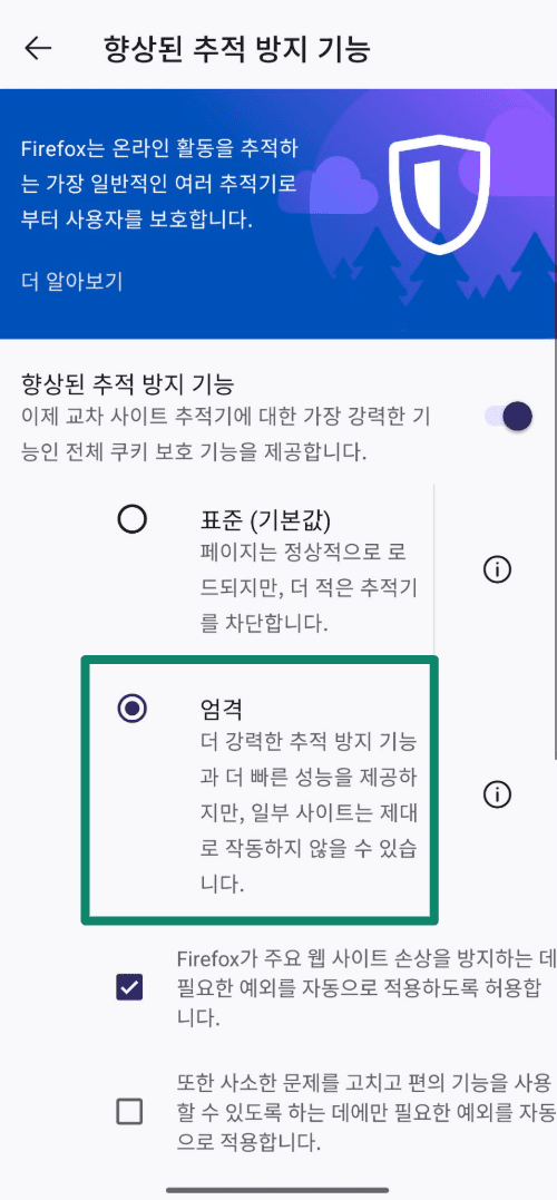 Enhanced Tracking Protection settings in Firefox set to Strict.