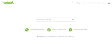 Mojeek search homepage focused on independent, no-tracking results.
