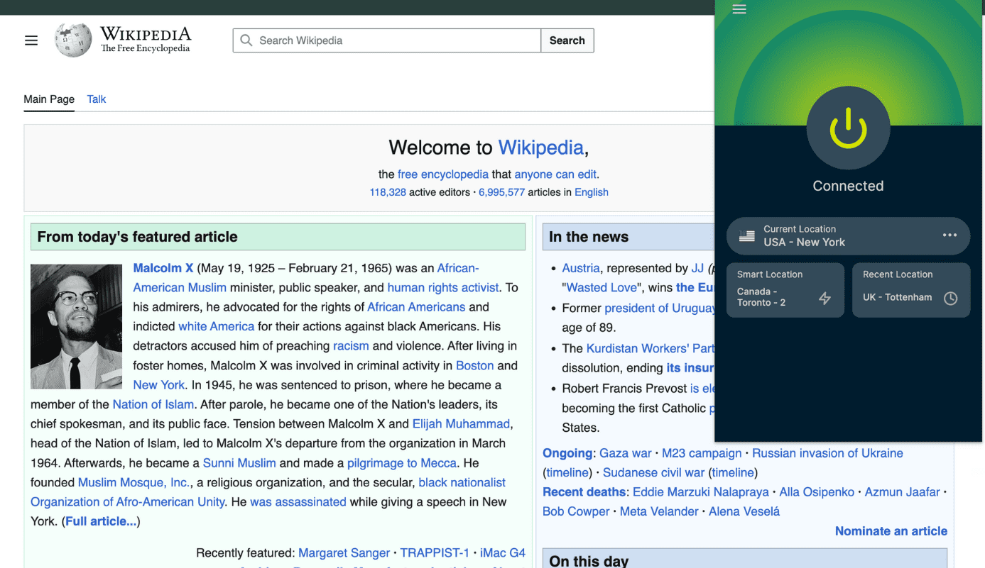 A screenshot of the ExpressVPN Chrome extension, allowing the user to connect to a secure VPN network within the browser.