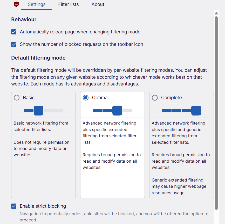 A screenshot of the UBlock Origin Lite dashboard, showing some of its ad blocking and filtering options.