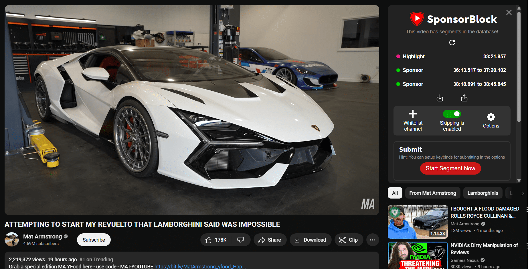The SponsorBlock extension in action, showing how it identifies sponsor segments of YouTube videos and can skip them for you automatically.