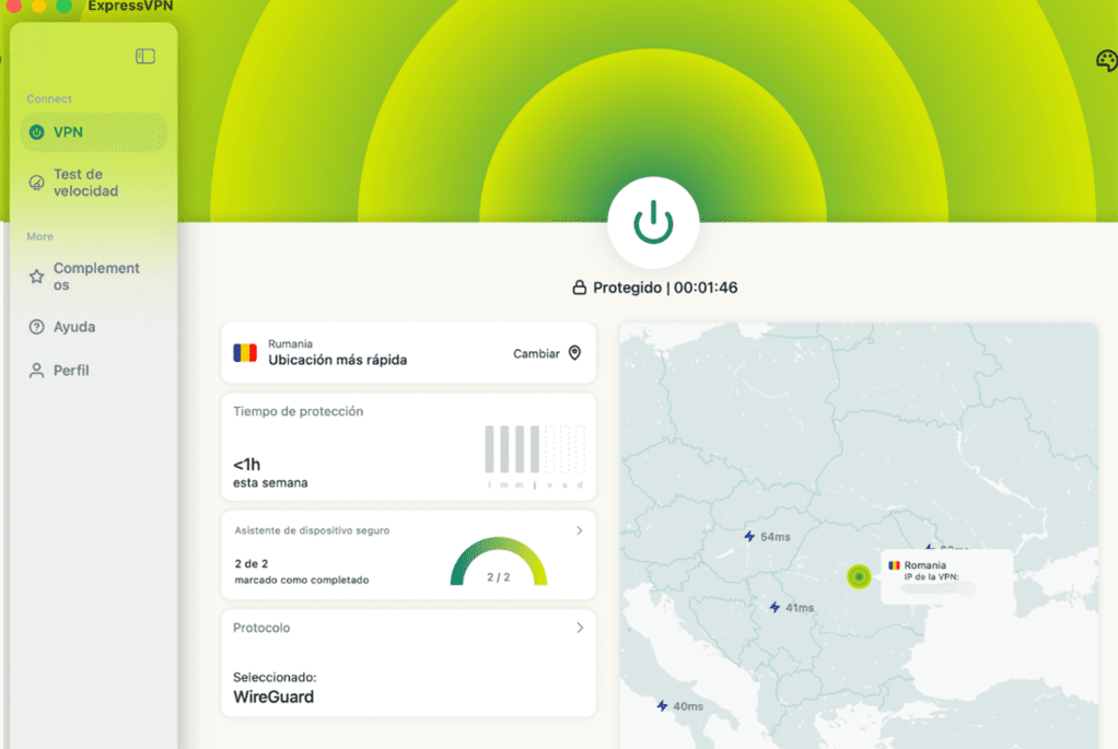 ExpressVPN's macOS app, showing the VPN connected