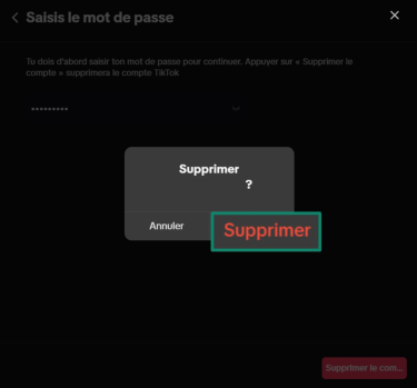 Screenshot of TikTok displaying a final confirmation prompt before starting the account deletion process