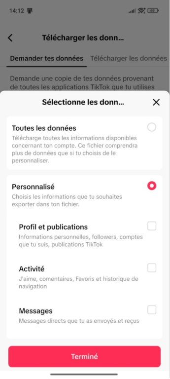 Screenshot showing the selection of personal TikTok data to be downloaded