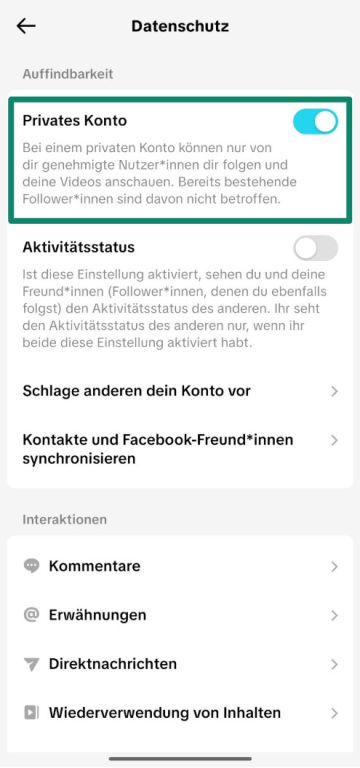 Screenshot showing how to enable the Private account feature from TikTok's settings