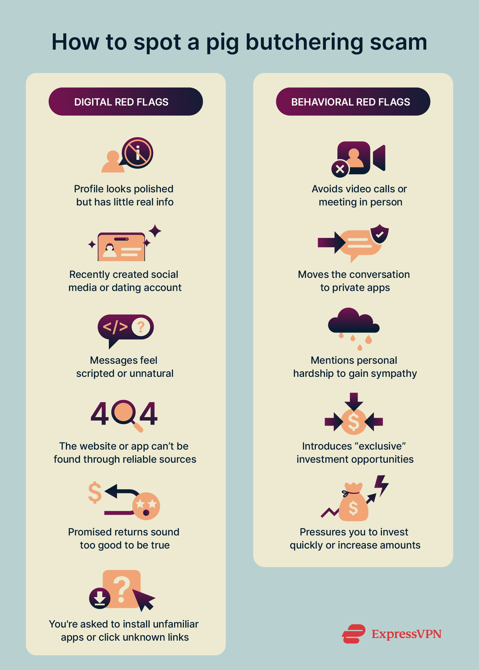 Behavioral and digital red flags of pig butchering scams.