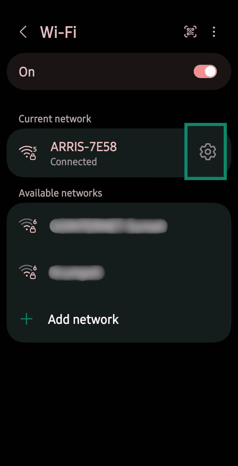 Android network connection screen in the Settings menu showing the connected Wi-Fi network with the gear icon highlighted.
