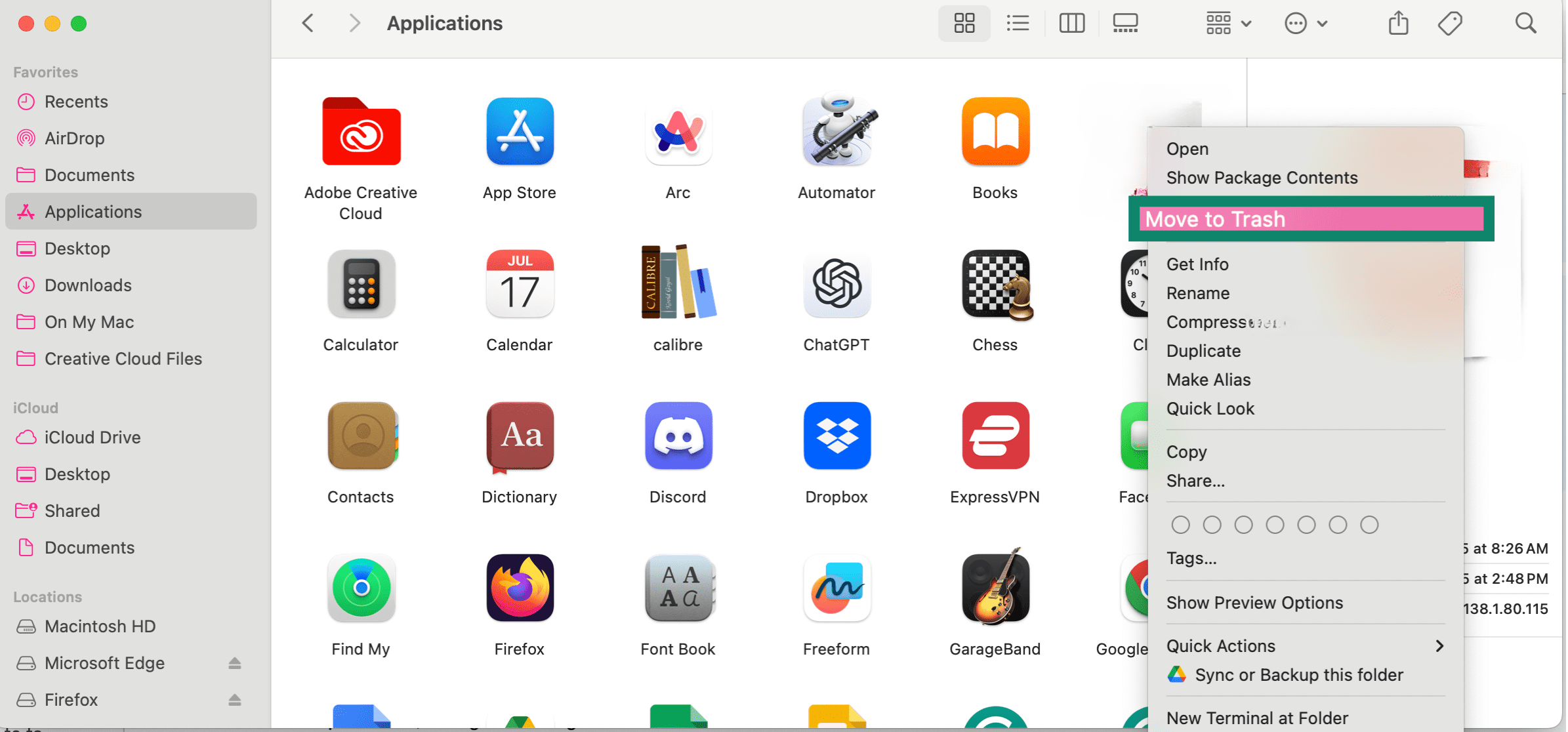 Moving an app to Trash in macOS.