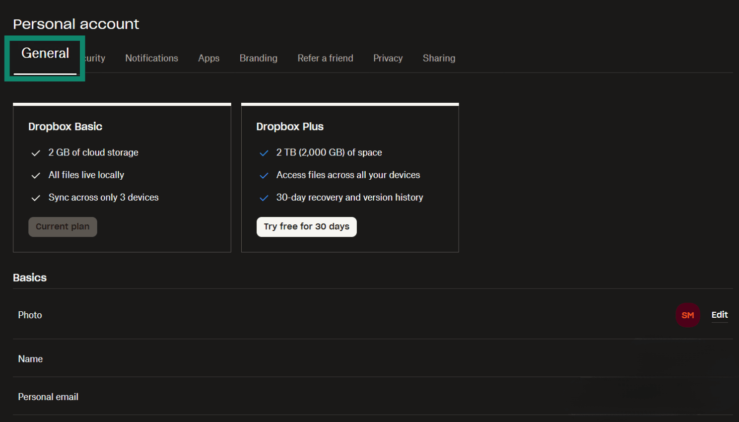 Dropbox settings menu opened to General.