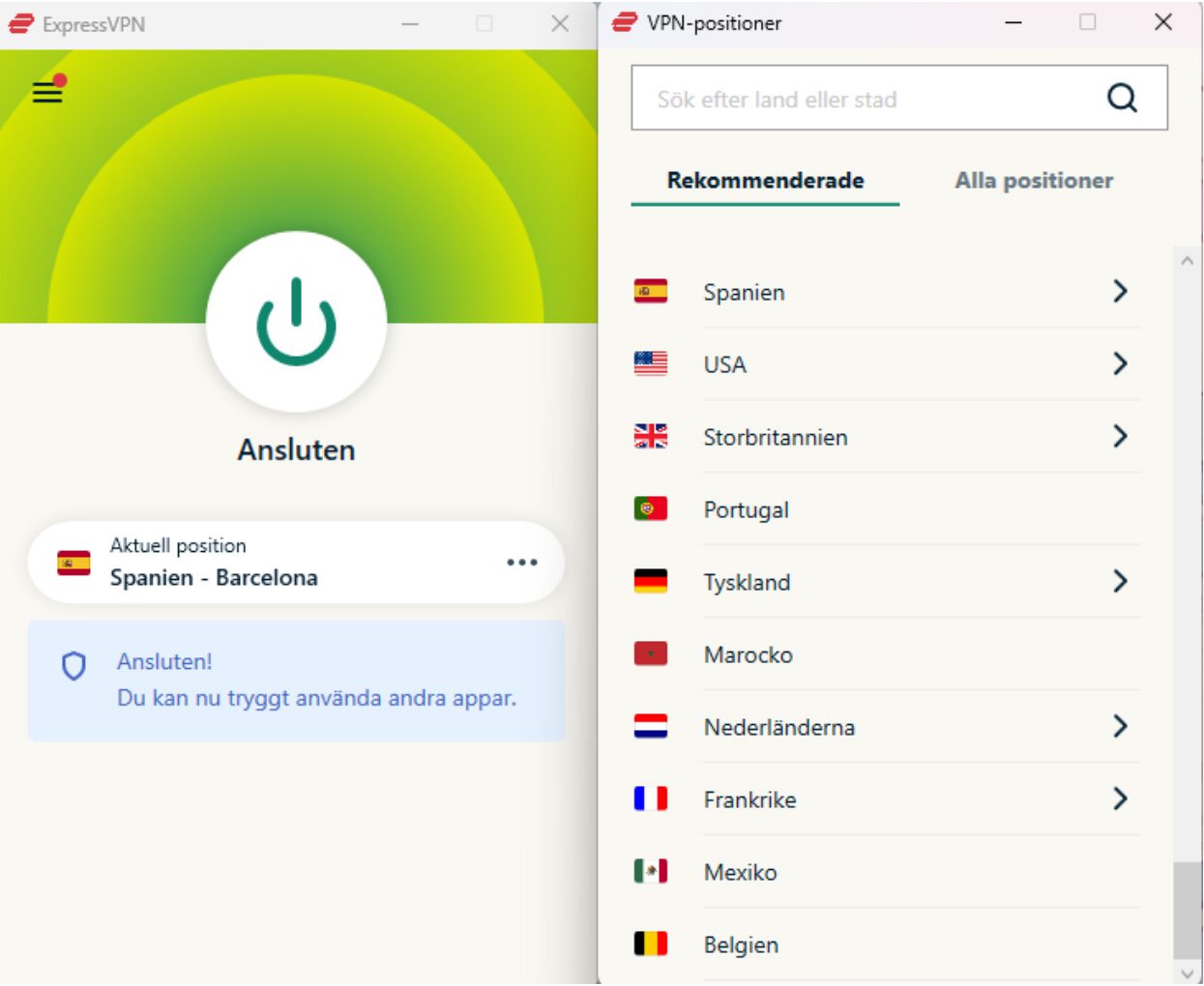 Connecting to a preferred ExpressVPN server on Windows.