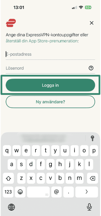 Logging into ExpressVPN using email address and password.