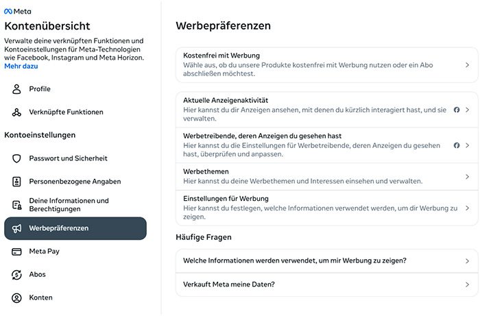 Facebook Ad preferences settings.