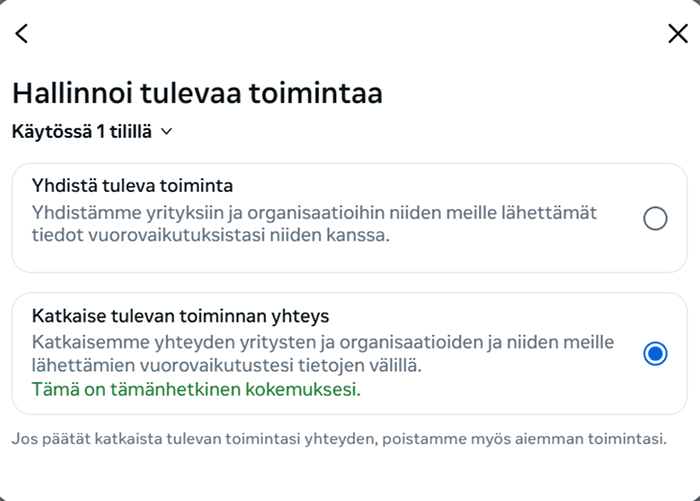 Facebook manage future activity settings.