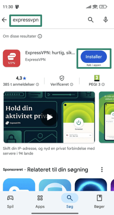 Installation af ExpressVPN gennem Google Play Butik.