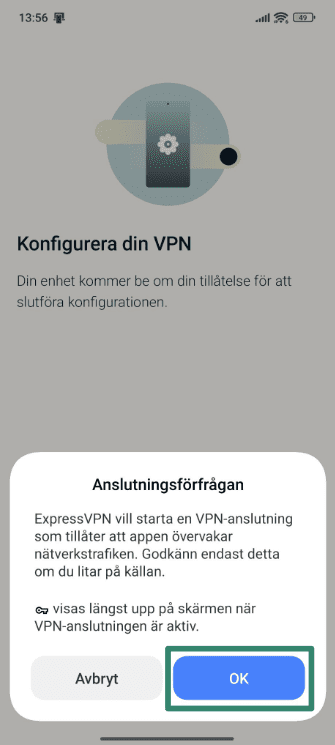 Allowing ExpressVPN to set up VPN connections on Android.
