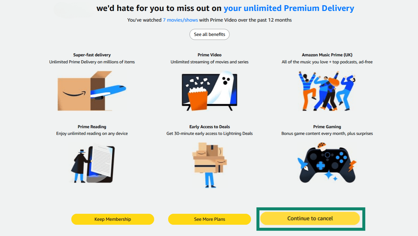 Confirming Prime membership cancellation on Amazon website.