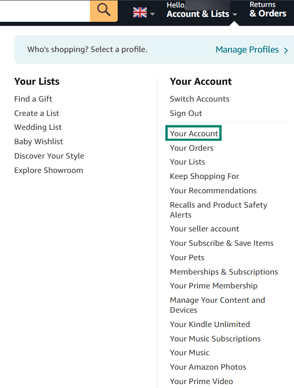 Accessing the Your Account menu on Amazon for desktop.