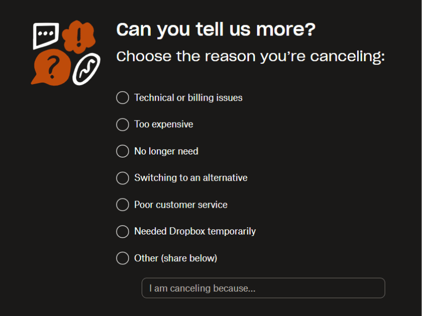 The "tell us why you're leaving" page of a Dropbox subscription cancellation.